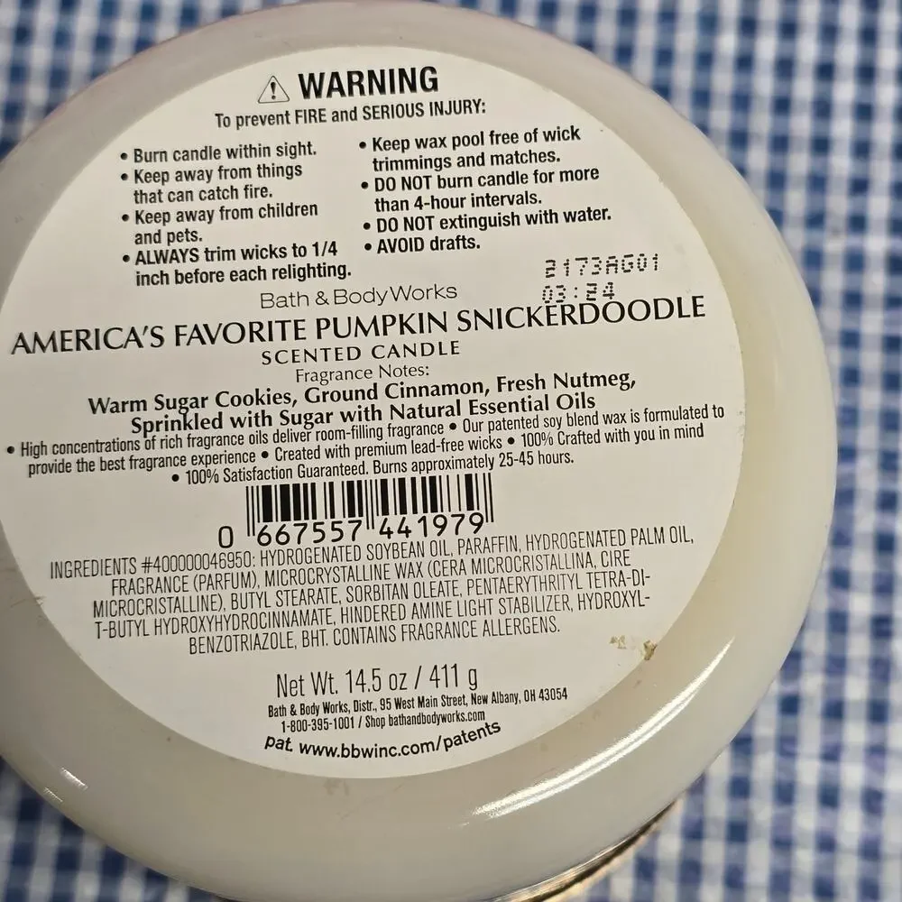 BBW America's Favorite Pumpkin Snickerdoodle Large 3 Wick Candle Home Fragrance